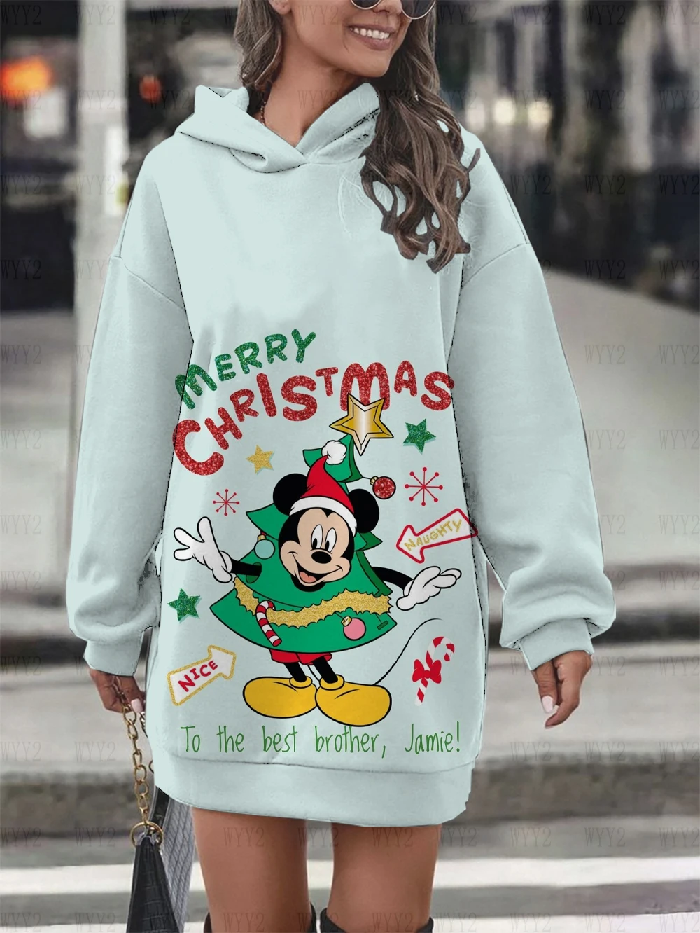 Women\'s Hoodies Dress Loose Long Sleeves Fashion Autumn and Winter Long Sleeve Hoodies Disney Christmas Mickey Minnie Printed