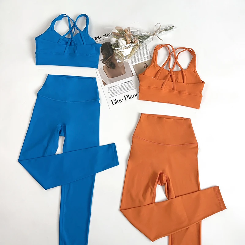 

2 Pieces Yoga Set Women Gym Set Workout Clothes Sports Suits High Waist Leggings Cross Straps Fitness Bra Running Tracksuit️