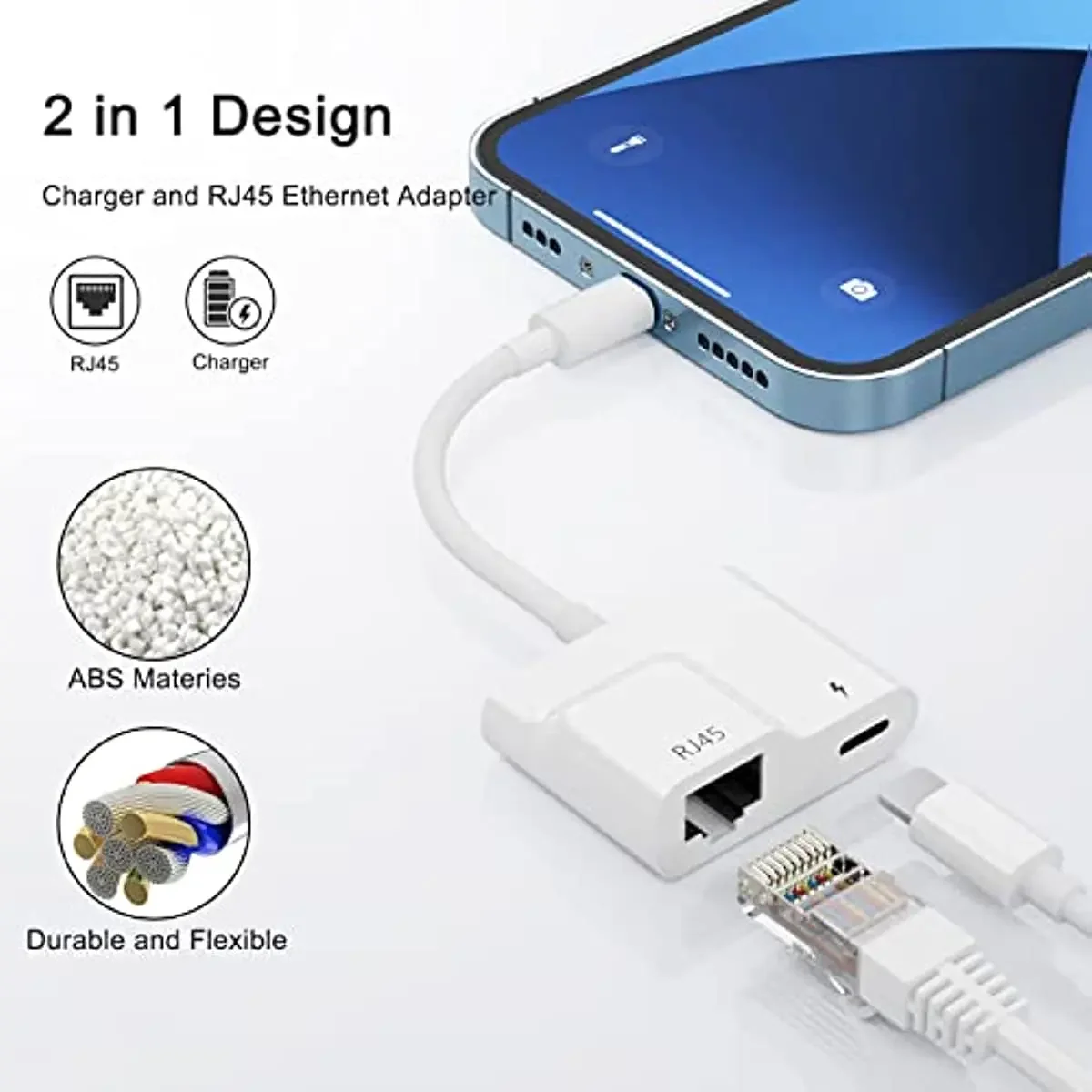 Lightning to Ethernet Adapter 2 in 1 Lightning to Rj45 LAN Network Adapter with Charging Port for iPhone ipad Network converter