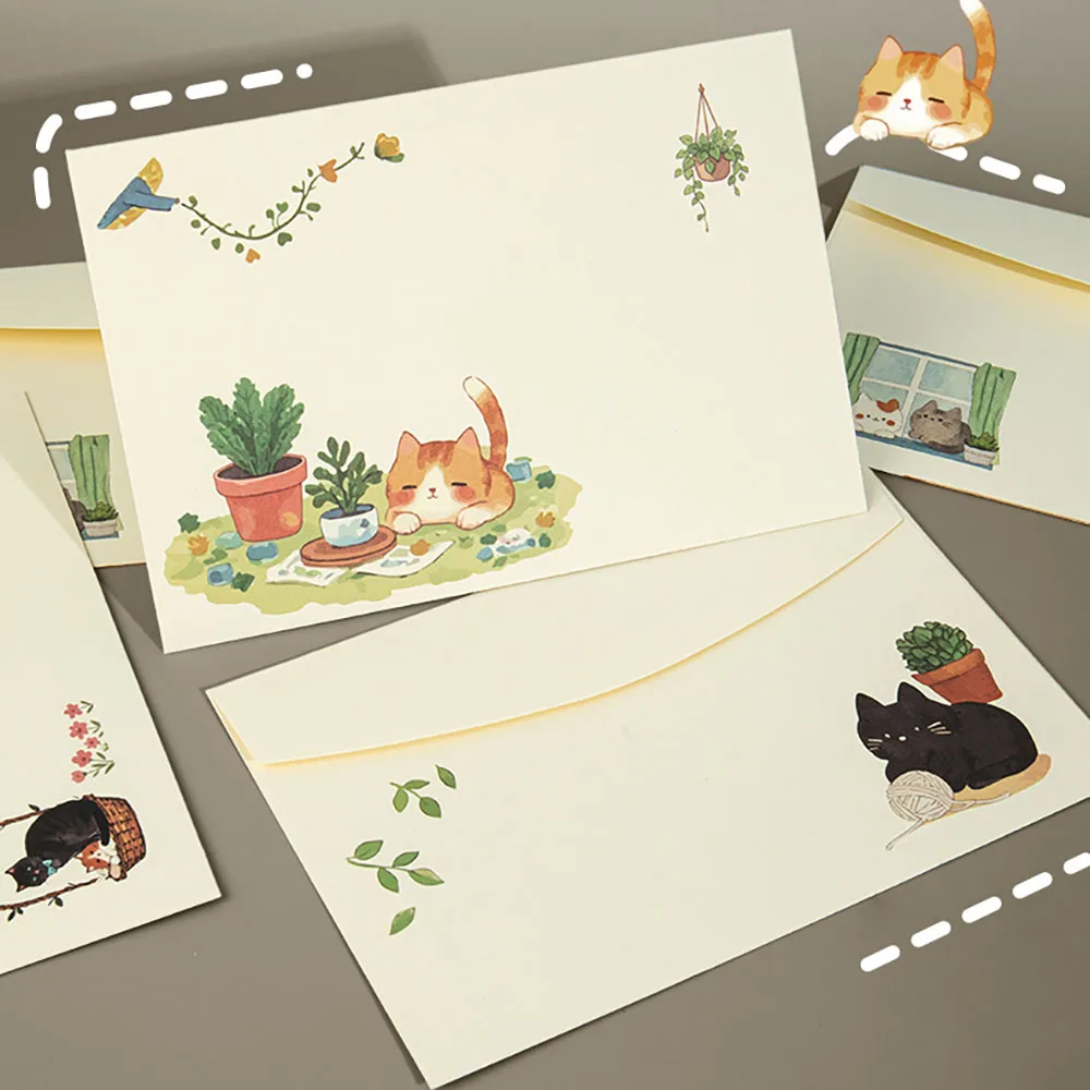 10 pcs Cute cartoon kitten envelope, high-end postcard cover, packaging bag, high-value birthday card, handwritten letterhead
