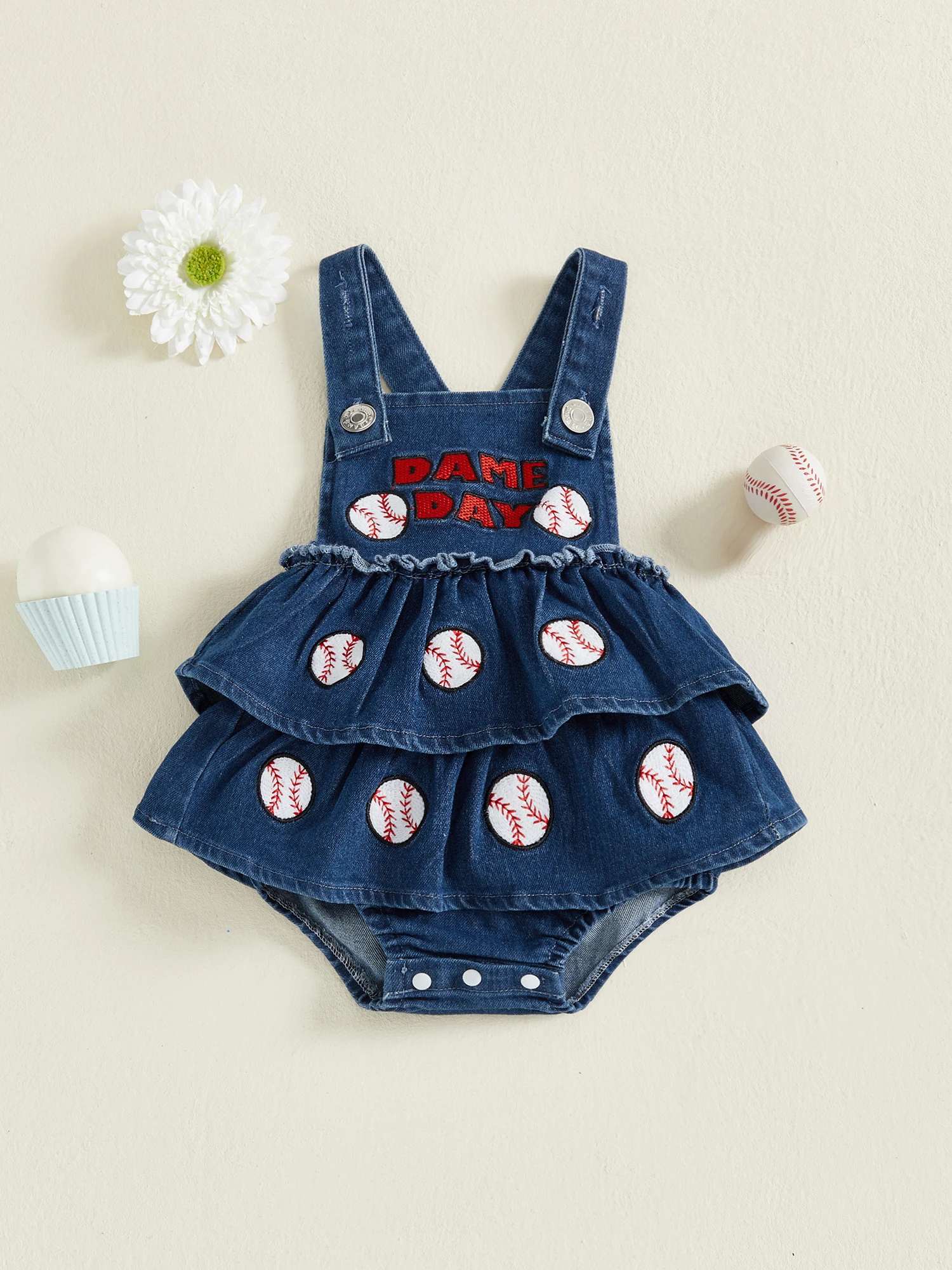 

Toddler Girl Blue Denim Overall Dress with Soccer Basketball Embroidery Sleeveless Jean Romper Jumpsuit
