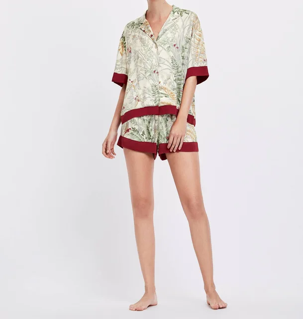 Letni nadruk krótki rękaw szorty piżamy pół skręcić w dół kołnierz satyna Loungewear kobiety Pijama seksowna bielizna piżamy zestaw do domu