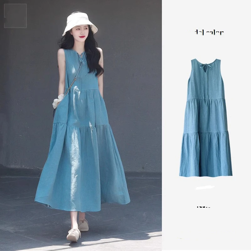 

Summer Women's Solid Color Sleeveless Vest Dress Seaside Vacation Style Long Dress Loose Casual Round Neck Suspender Dress L198