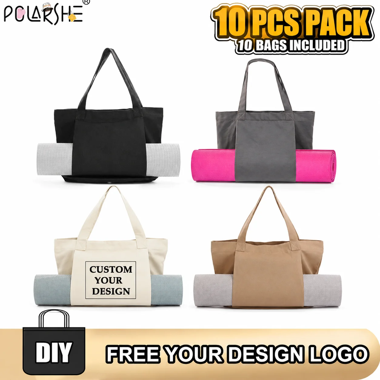 Polarshe 10ps Personalized Custom Yoga Mat Bag Add Your Design Casual Canvas Carry Bag Large Capacity Foldable Pilates Mat Case