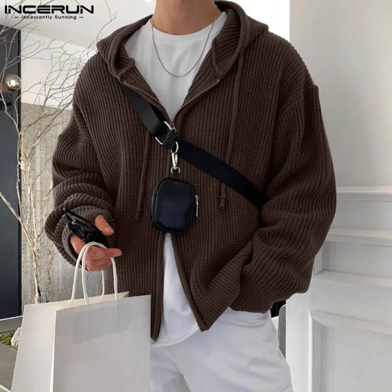 

INCERUN Tops 2023 Korean Style Mens Hooded Pit Knitted Hoodie Casual All-match Male Double Head Zipper Long Sleeve Sweater S-5XL