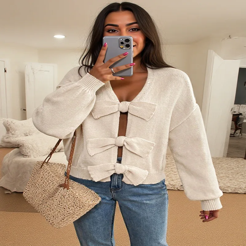 

Solid Color Women's Cardigan, Spring Autumn Winter , 2025 Simple Bow Knitted Coats