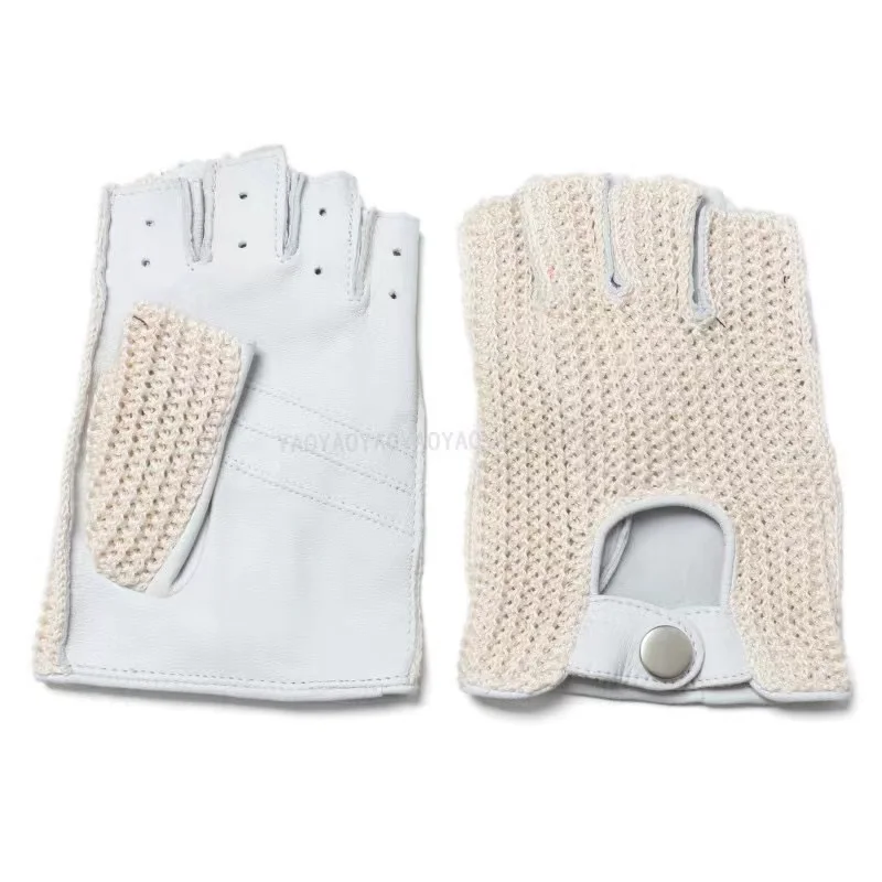 Factory Direct  Genuine Leather Gloves Men Cotton Knitted Sheepskin Half Finger Riding Motorcycle Driving Car White guantes