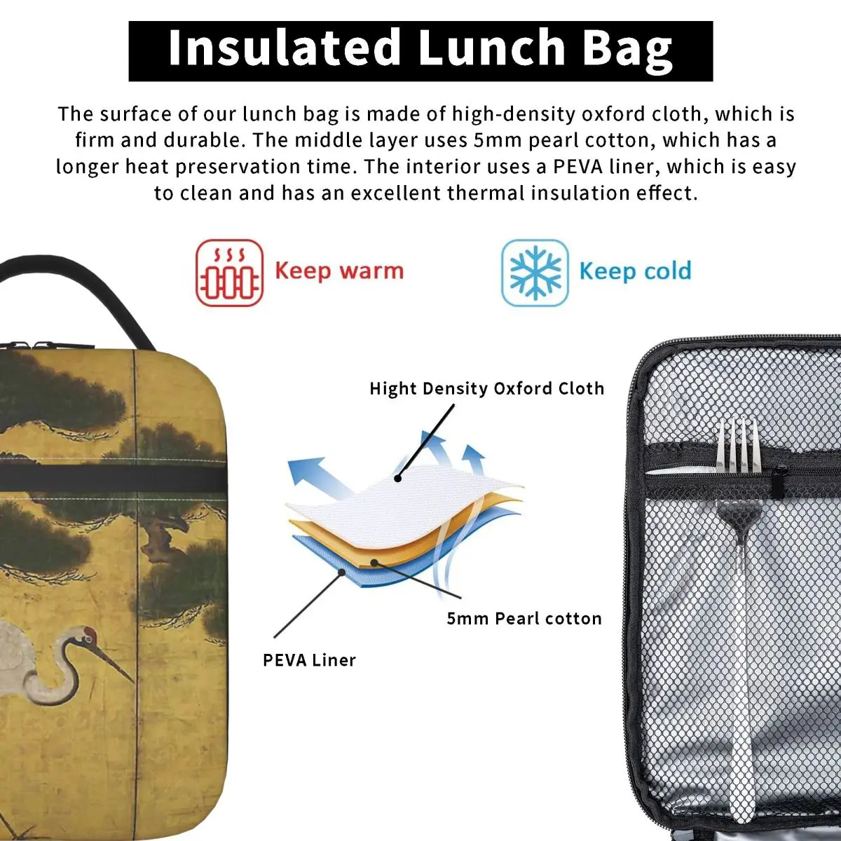 Japanese Red Crowned Crane Edo Jidai Gold Leaf Folding Screen Insulated Lunch Bag Portable Food Boxes Thermal Lunch Box Tote