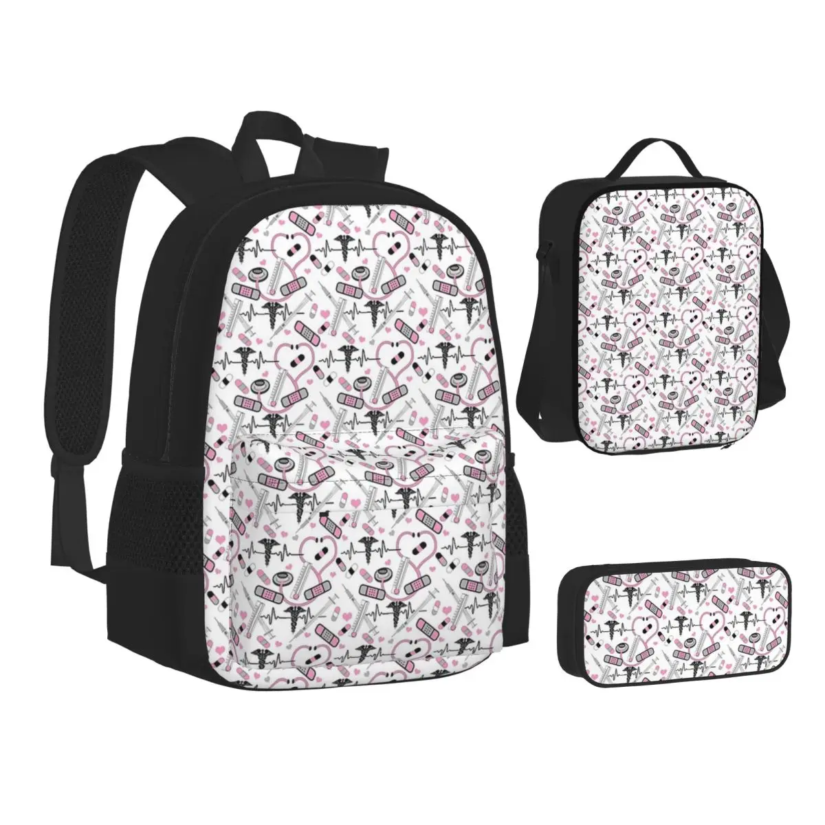 

Cute Stethoscope Nurse Doctor EKG Pattern Backpacks Bookbag School Bags Children Rucksack Lunch Bag Pen Bag Three-Piece Set