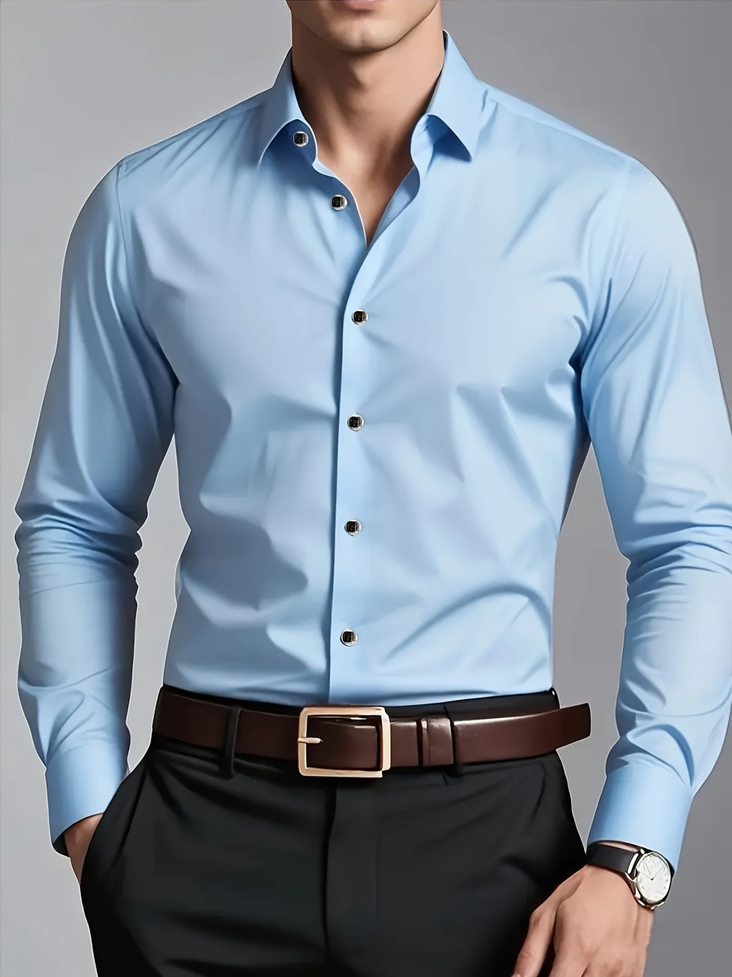 

Элегантная черная мужская рубашка с длинными рукавами и пуговицами - из легкой ткани, с гладкой текстурой, подходит для ношения в любое время.