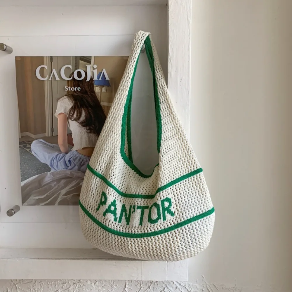 

Сплошной цвет, вязаная сумка на плечо, корейский стиль, большая вместительная вязаная крючком сумка-тоут, ажурная внутренняя сумка, повседневная тканая сумка, летняя