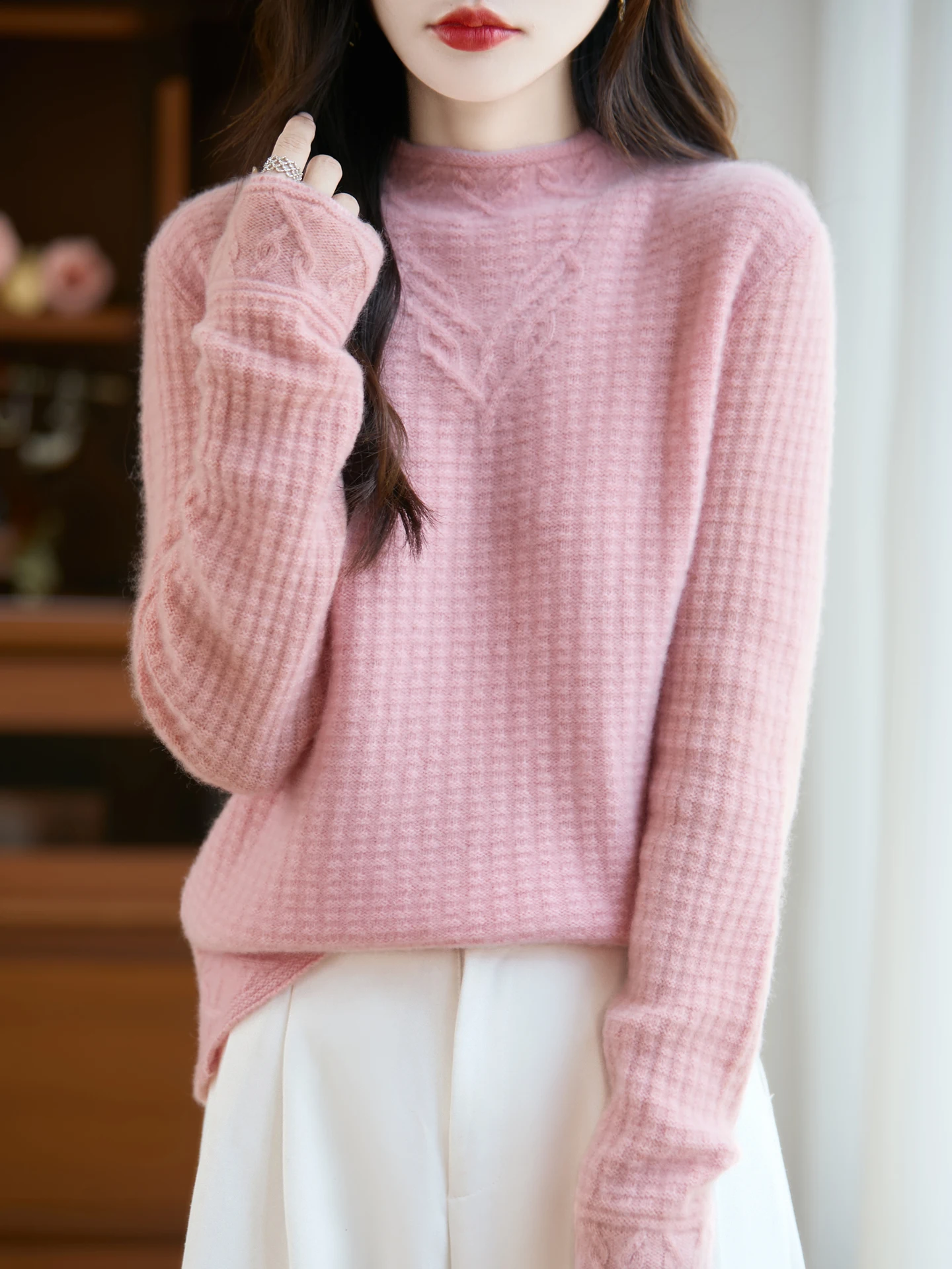 

Autumn Winter Merino 100% Wool Women's Pullover Hoodie Half High Neck Thick Fashion Knitted Cashmere Sweater