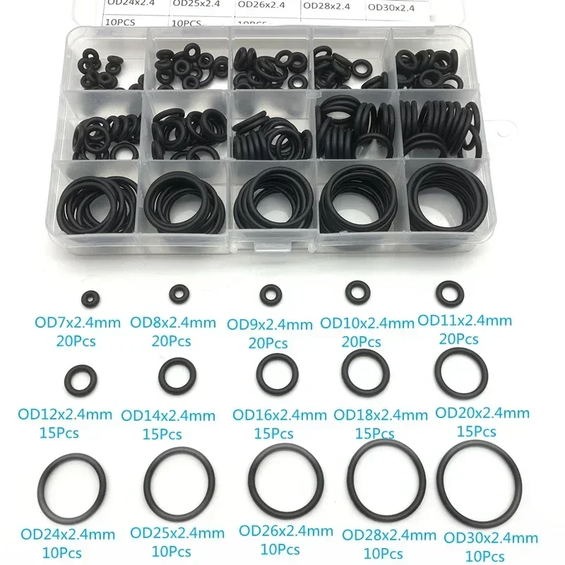 225Pcs NBR O-Ring Assortment Kit CS 2.4mm OD 7mm-30mm Durable Sealing Rings for Automotive Engines Hydraulic Systems Workshop