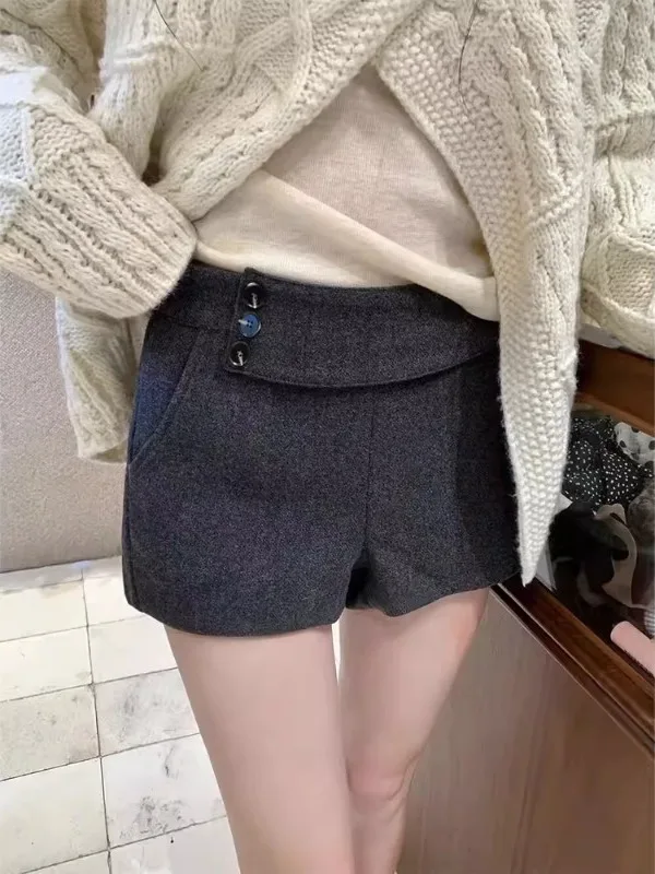 

High Waist Wide Leg Woolen ort Pants for Women Autumn Winter New Sle Button Design Slimming Trendy Commuter Sle Pants