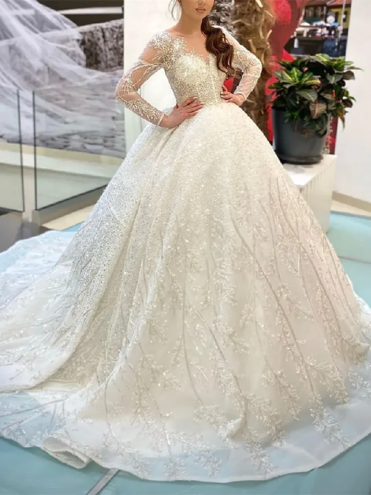 

Sparkly Ball Gown Wedding Dresses Long Sleeves V Neck Sequins Ruffles 3D Lace Appliques Zipper Bridal Gowns Vestina De Novia