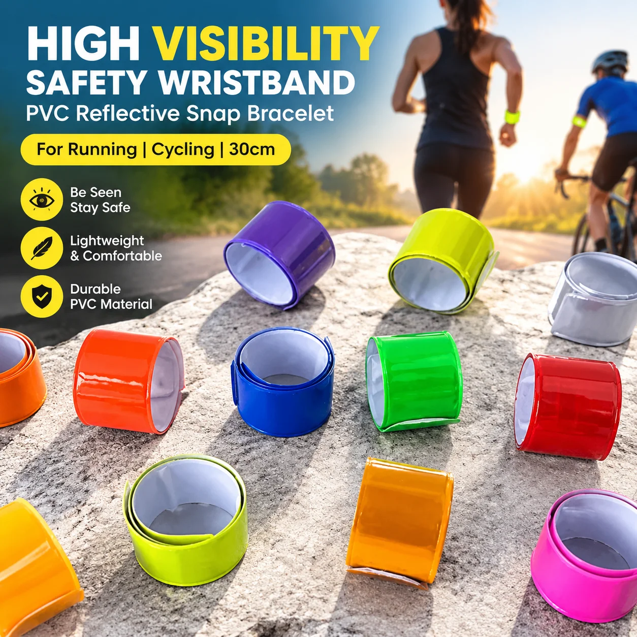 PVC Reflective Snap Bracelet High Visibility Safety Wristband for Running Cycling 30cm