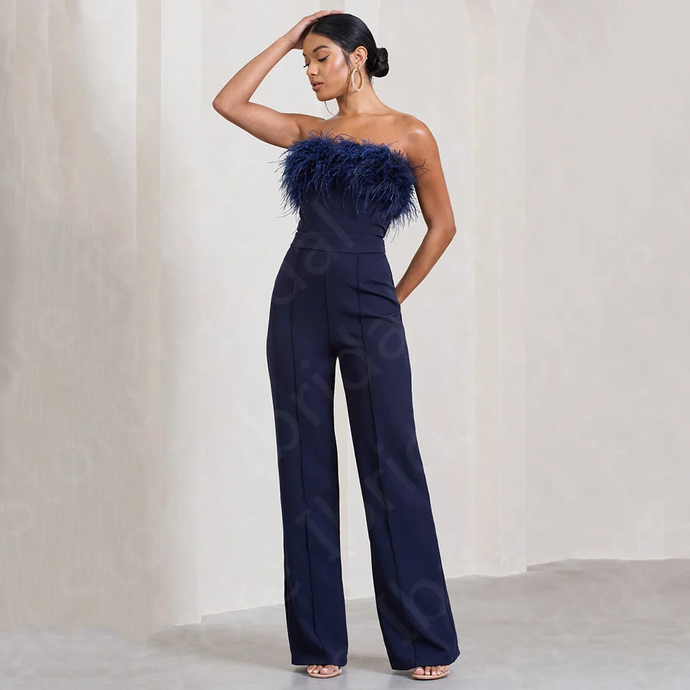 Classic Navy Blue Prom Gowns Pants Suit Sleeveless Prom Party Dress Feathers Jumpsuit Wedding Guest Gowns Strapless Floor Length