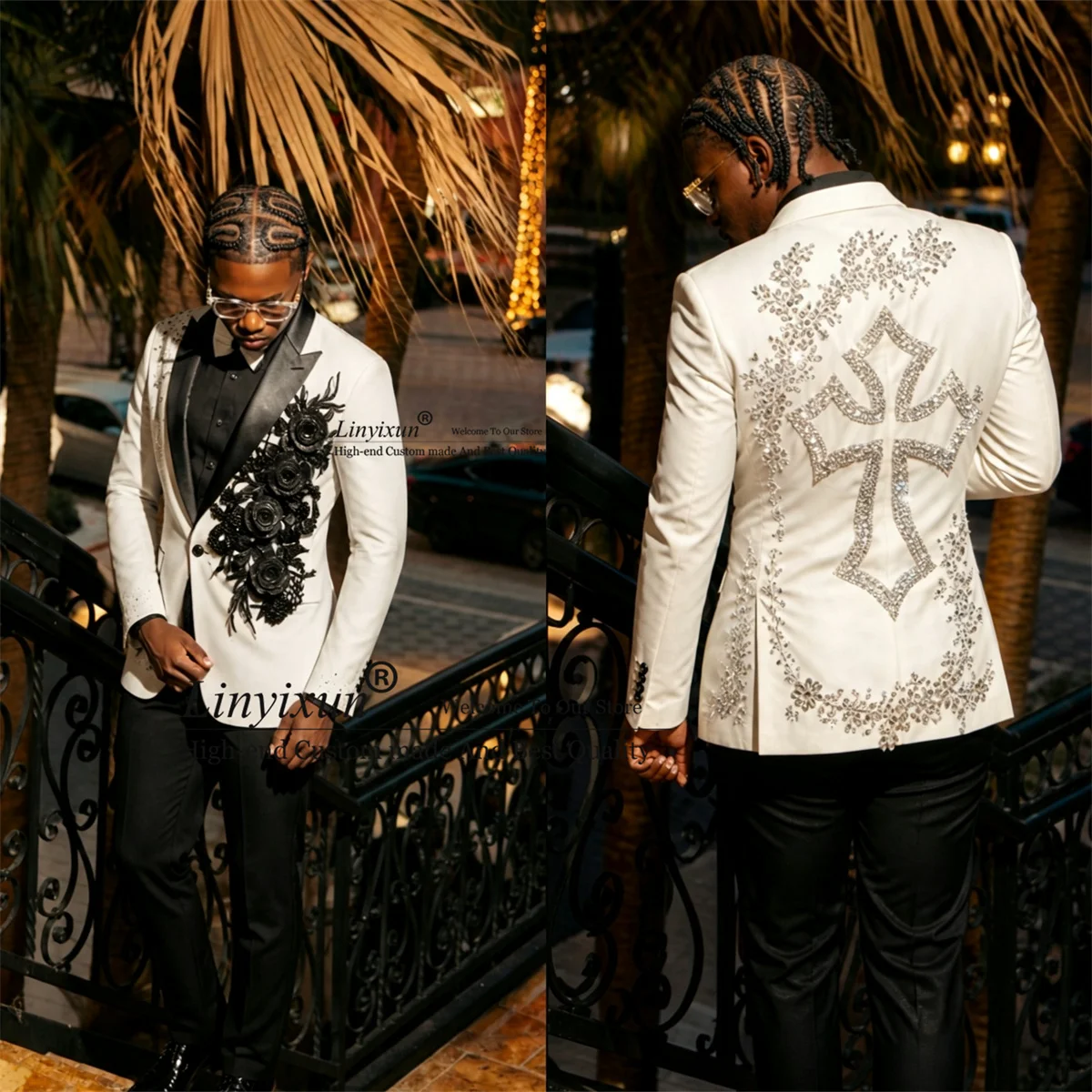 Fashion 3D Floars Men Suit 2 Pieces Set Wedding Party ropa hombre Customized Sparkly Diamond Crystals Party Male Prom Blazer