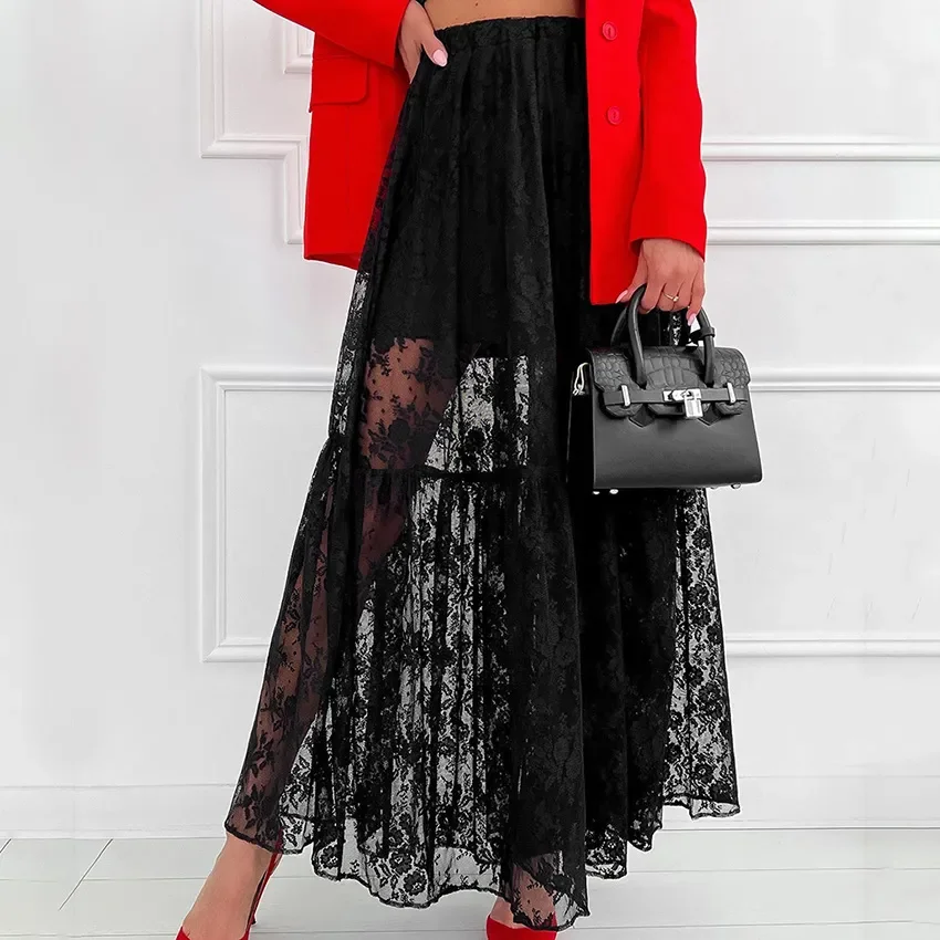 

Sexy See-Through Lace A-Line Commuter Style Skirt 2024 Summer Fashion Trend Street High Quality Long Skirt For Women