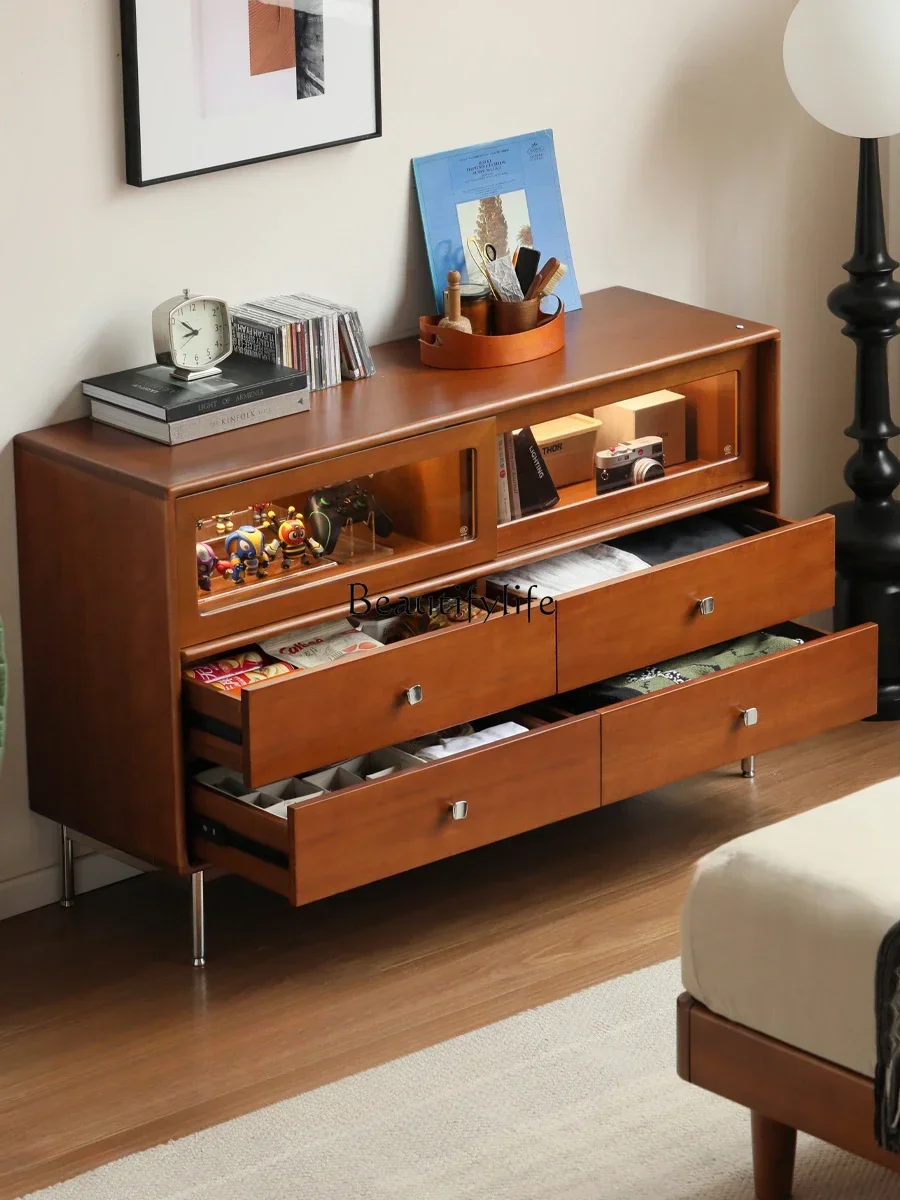 

Z.*Solid wood light display cabinet teak color home storage bedroom chest of drawers