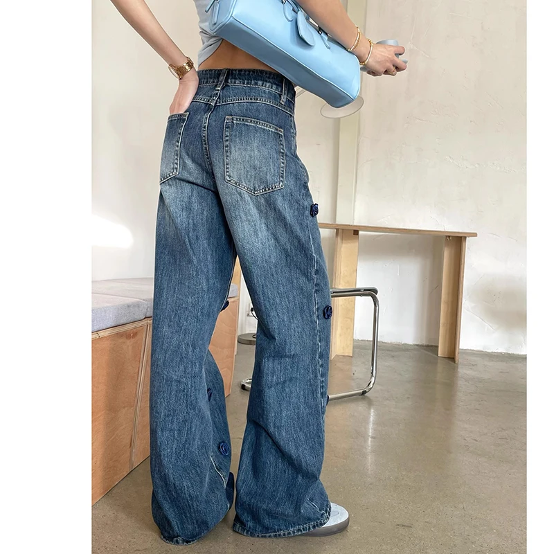 Damen-Jeanshose mit weitem Bein, Quaste, High Street, Damen, Taschen, Jeans, Damenmode, Sommer, neue Hose, 2025, 3D-Rose