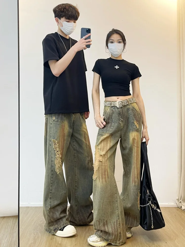 Jean bleu taille haute pour femme, pantalon droit Vintage Y2K, en Denim, déchiré, Streetwear américain, jambes larges, Baggy, été