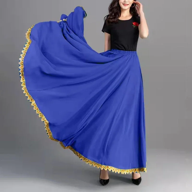 Womens Solid Color Folklorico Dance Skirt Spanish Flamenco Big Swing Long Skirt Folkloric Mexican Folk Dance Performance Costume