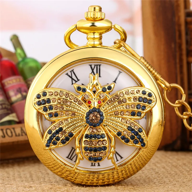 Reloj de bolsillo analógico de cuarzo para hombres y mujeres, reloj de pulsera con esfera de número romano, con cubierta de abeja ahuecada antigua, cadena colgante de collar