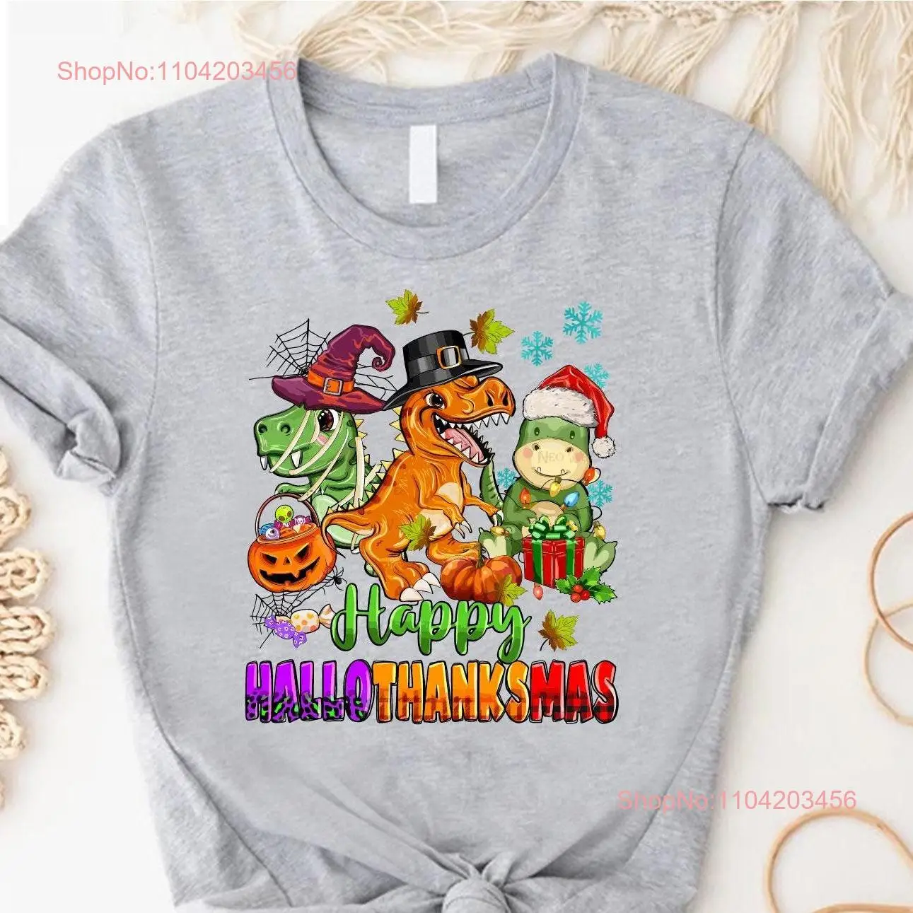 Funny Happy Hallothanksmas T Shirt Toddler Dinosour Pumpkin Christmas Halloween Thanksgiving long or short sleeves