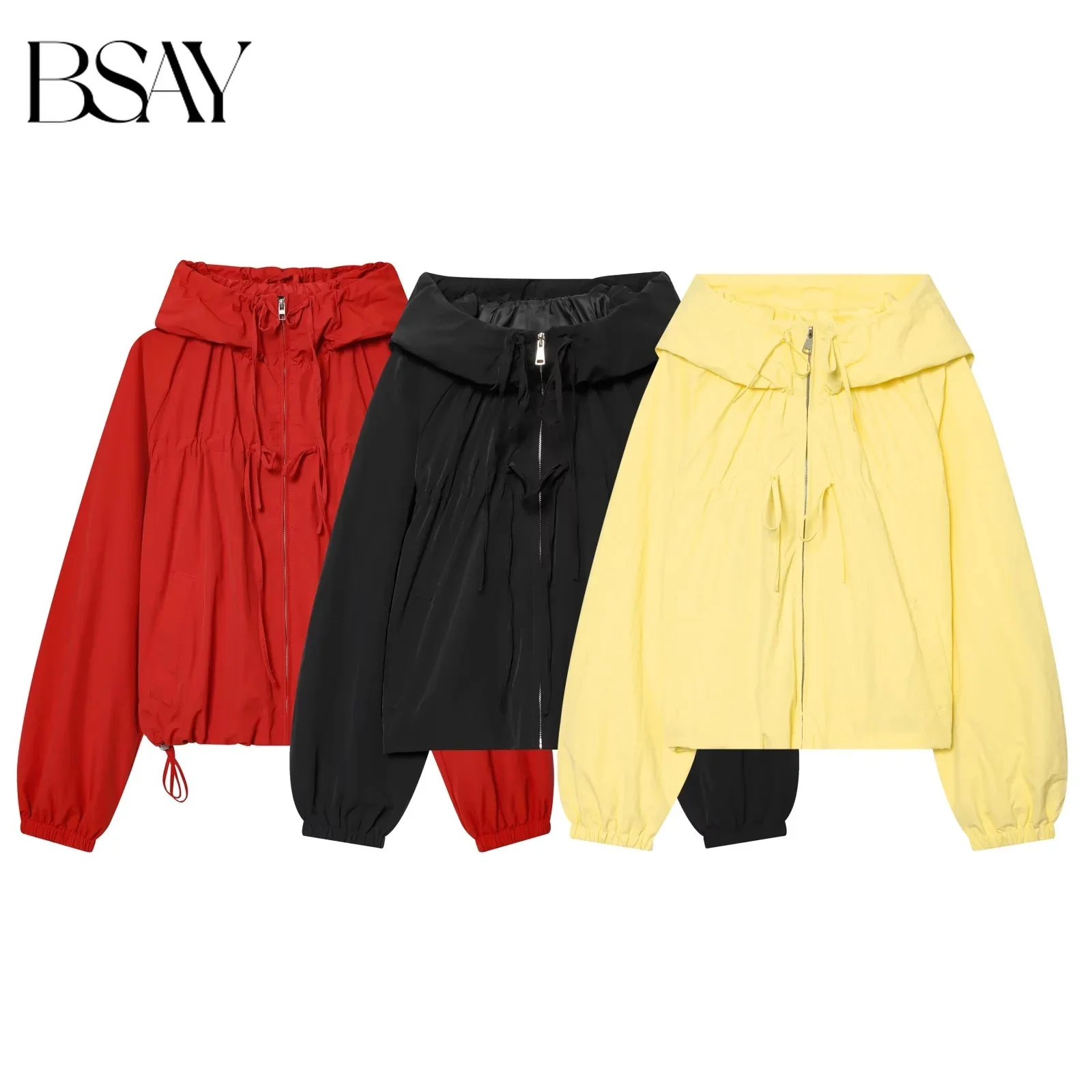 BSAY Damen Neon-Hoodie-Jacken 2026 Frühling Neu Süßes Design mit Kordelzug und Schleife Locker sitzende Laternenärmel Reißverschluss-Nylonmäntel