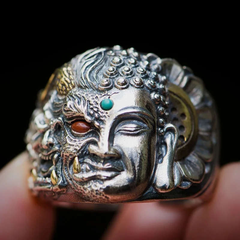 Half-Devil Half-Buddha Thai Silver Ring Personalized Vintage Open Rings