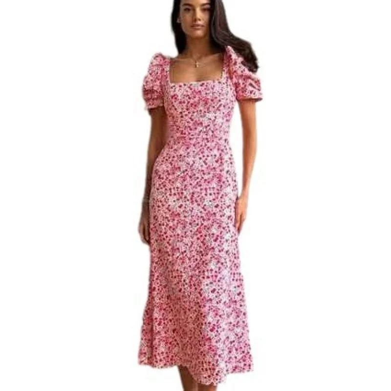 2025 النمط الأوروبي والأمريكي الفرنسي فستان طويل صيف جديد الخصر مقصوص التخسيس أنيقة المرأة الأزهار قصيرة الأكمام D