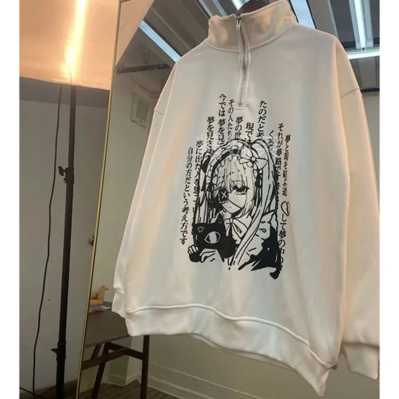 Sweat-shirt gothique à manches longues pour femmes, sweat-shirt de rue, Anime japonais, Y2K, col montant, décontracté, ample, paresseux, hip hop, printemps-automne