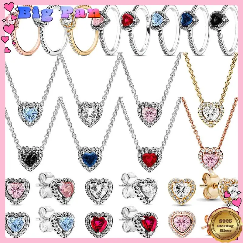 

925 Sterling Silverclassic Heart Shaped Jewelry Exquisite Various Colors Earrings Ring Necklace Shiny Luxury Charm Jewelry Gift