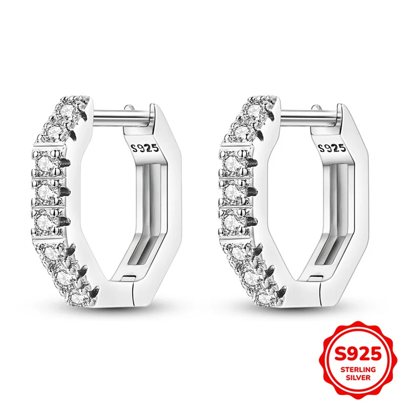 

100% 925 Sterling Silver Earrings Women Shining Polygonal Hoop Earrings For Anniversary Wedding Jewelry Gifts