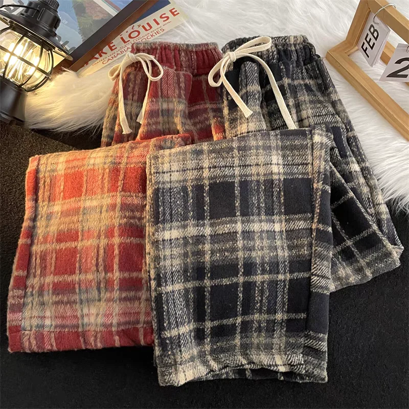 Karierte Damenhose, drapierter gerader Beinschnitt, lässig und geeignet für zierliche Figuren, Retro-Wollhose mit weitem Bein