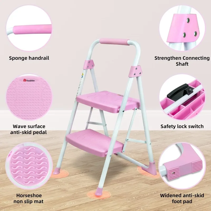 Folding Step Stool com amplo pedal antiderrapante, 2 Step Ladder, 500lbs escada de aço resistente, Handgrip conveniente