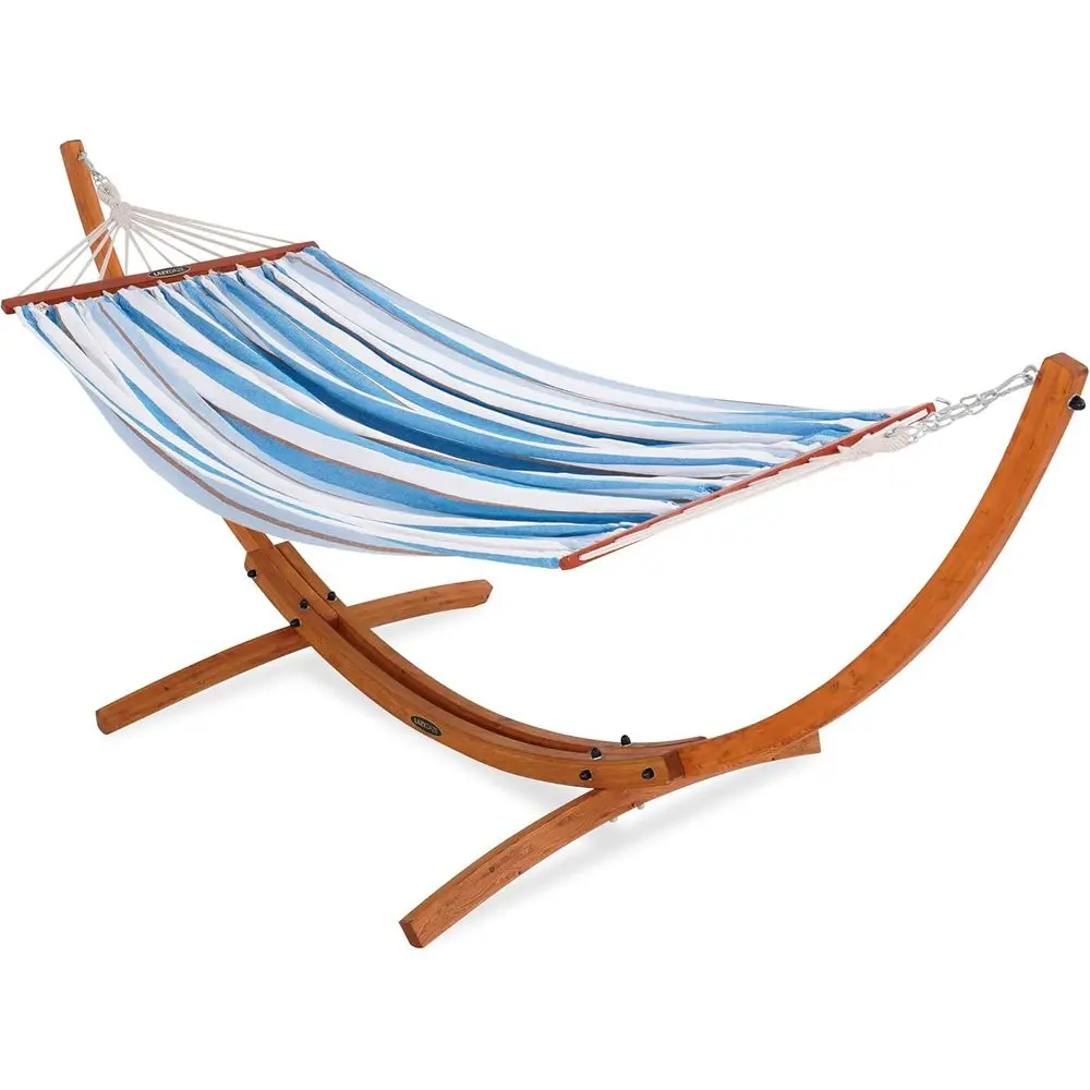 

Blue and White Cotton Fabric Hammock with 10.5ft Wooden Arc Stand for Indoor and Outdoor Use