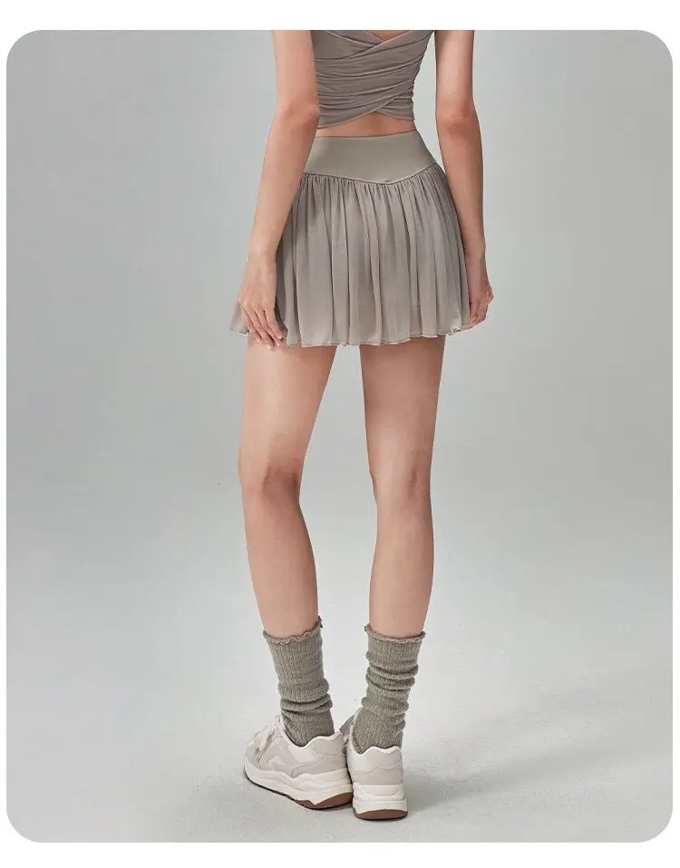Sportlicher kurzer Rock für Damen, Sommer, hochtaillierter Mesh-Tennisrock, Anti-Exposure, zweiteiliger Fitness-, Yoga- und Badmintonrock – Detail 12