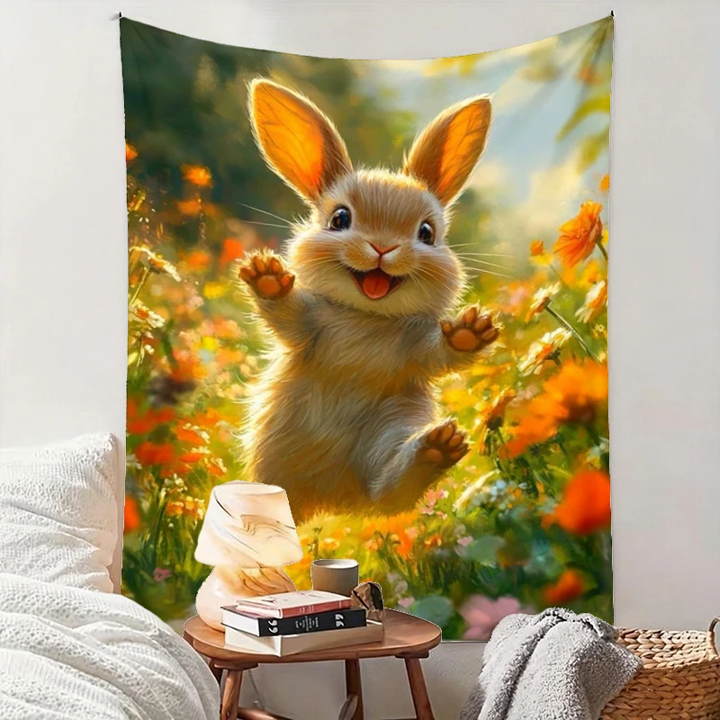 1PC Jumping Rabbit Flower Art Print Backdrop Banner, Bedroom Living Room Photo Background, Polyester, Home Decor, Wall Art