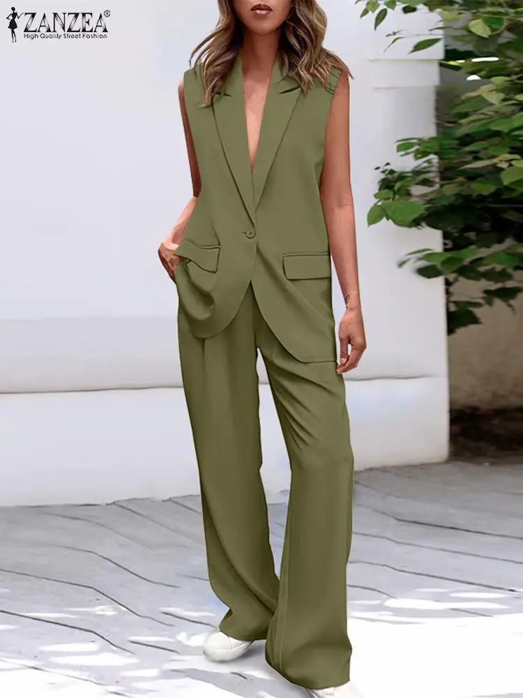 ZANZEA Elegant Women OL Blazer Suits Summer Fashion Office Tracksuit Casual Sleeveless Tops Pants Sets Solid 2PCS Work Outfits