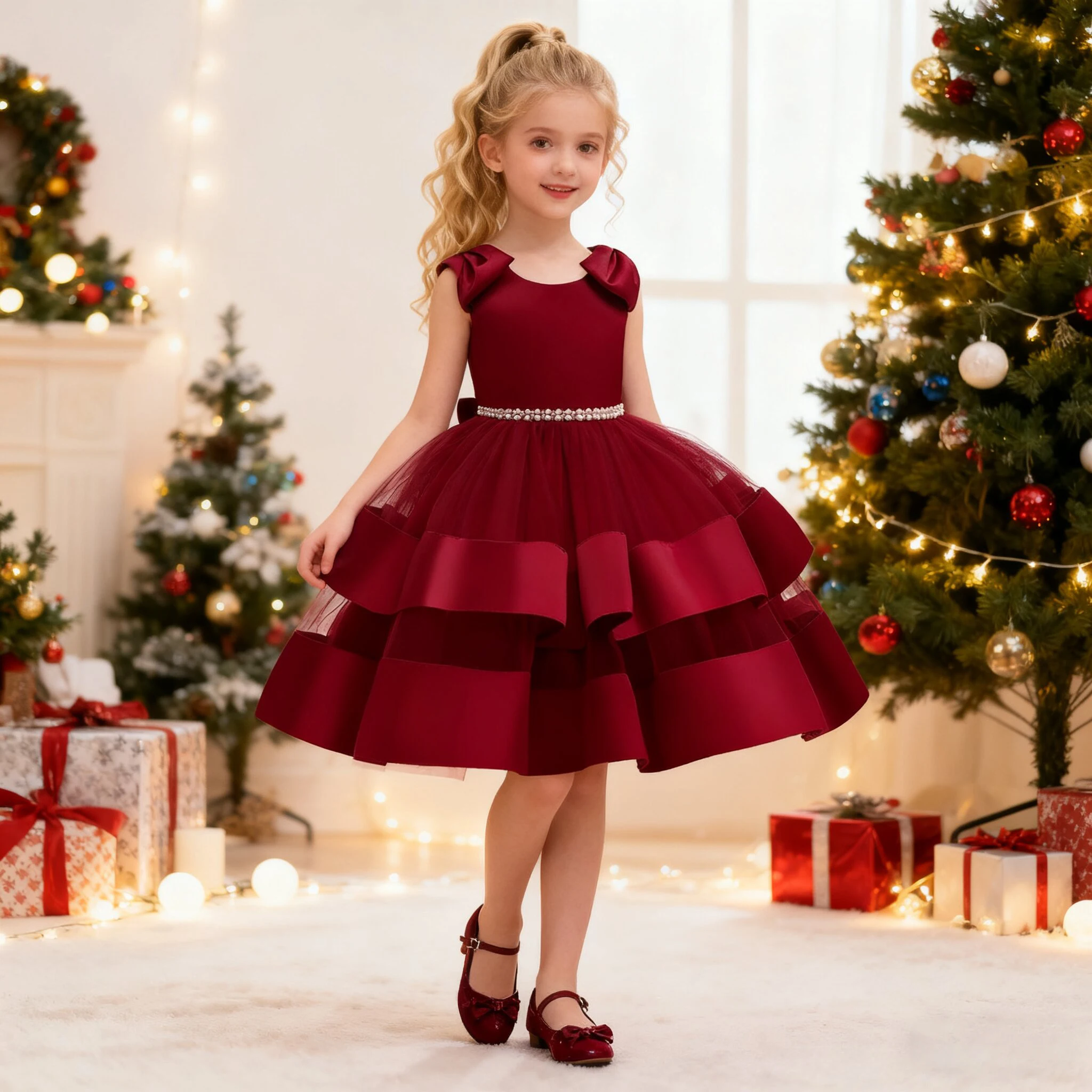 

Elegant Bow Bridesmaids Party Girl Dress Christmas Costume Wedding Birthday Princess Prom Dresses for Girls Baptism Kids Clothes