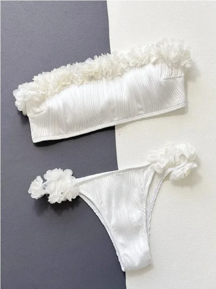 

Sexy Lace Ruffle Swimsuit Women 2025 Strapless Backless Bikini Set White High Waist Swimwear Bathing Suit Summer Beach Outfits