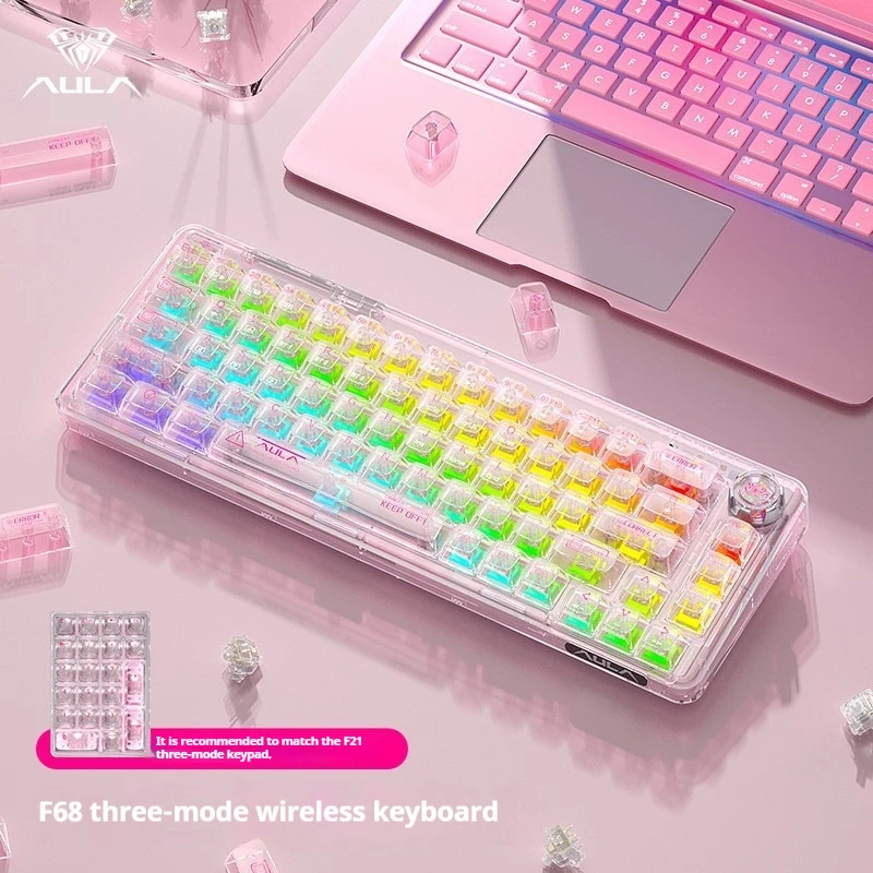 

Aula F68 Mechanical Keyboard 2.4gwireless/Bluetooth/Wired Transparent Keycaps For Colored Lights Work Gaming Mechanical Keyboard