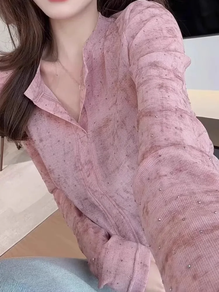 Pink adient Rhinestone Long Sve T-irt Women's Faion Design Slimming Korean Sle Commute Loose Fit V-ne irt