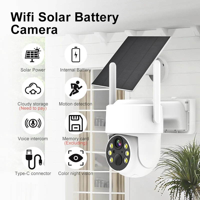 

Wireless Solar Powered Camera with Type-C Full Color Night Vision Two-Way Voice Intercom Motion Detection for Home Security