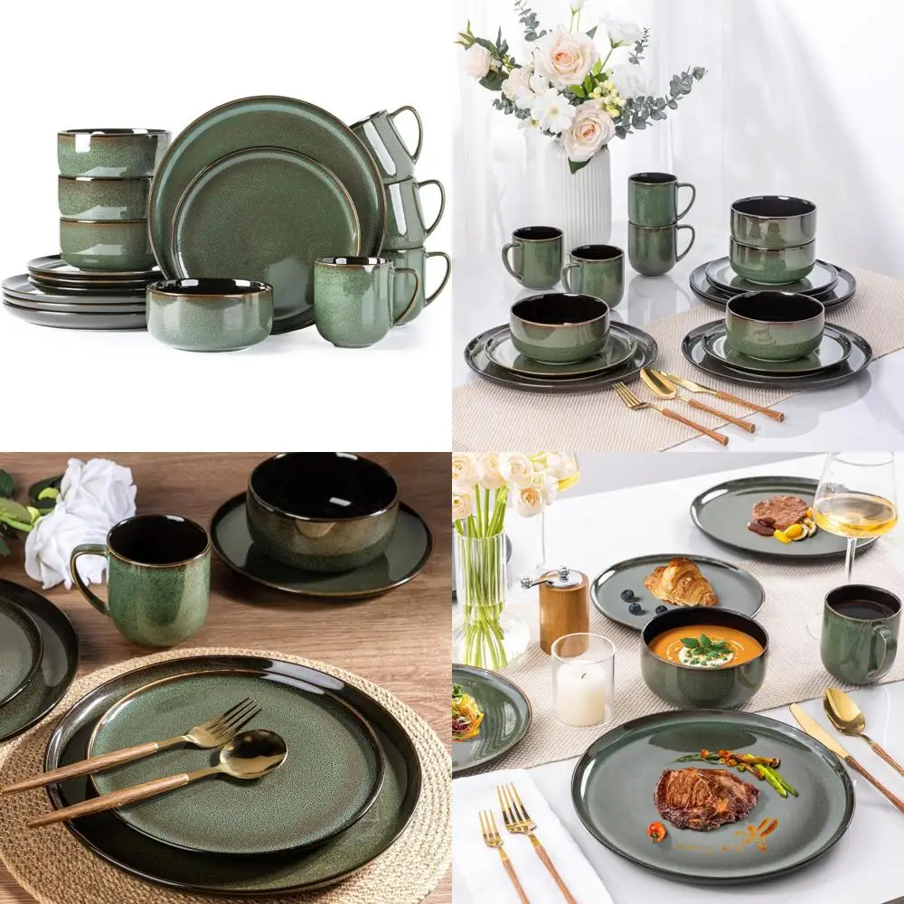 

Наборы керамической посуды для 4 наборов тарелок и мисок из 16 предметов с глазурью, с кружками, очень устойчивыми к сколам и трещинам. | блюдоwashe