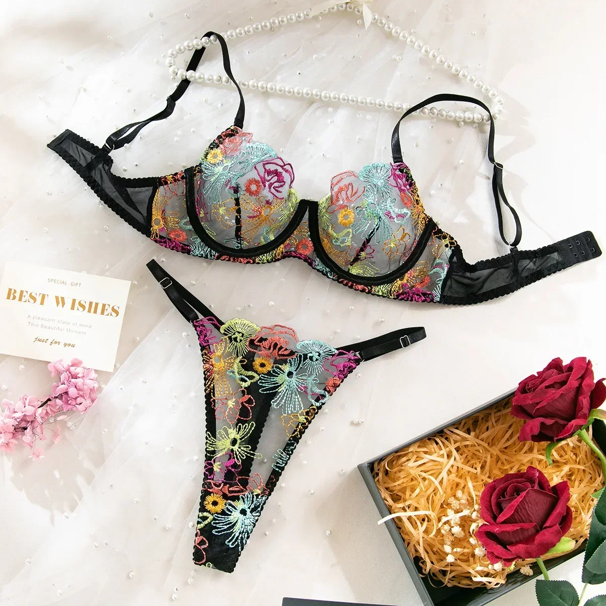 

Sexy Perspective Embroidery Lingerie Women's Sweet Floral Temptation Gathering Bra Thong Female French Style Exotic Apparel Suit