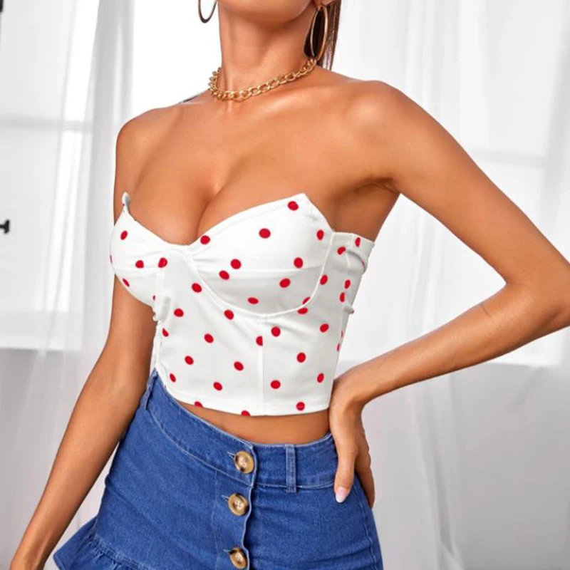 

2022 New Ins Strapless Crop Tops Women Summer Fashion Sexy Chest Short Tank Top Retro Dots Shirts Ropa Para Mujer Black White