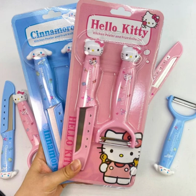 New Sanrio Macaron Fruit Peeling Knife Set HelloKitty Kuromi Girly Heart Multifunctional Peeling Knife Stainless Steel Knife